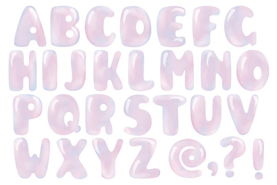Bubbles latin alphabet. Cute bold colored soap ABC on white background