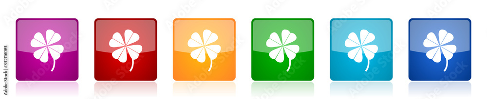 Leinwandbilder four-leaf clover icon set, colorful square glossy vector illustrations in 6 options for web design a