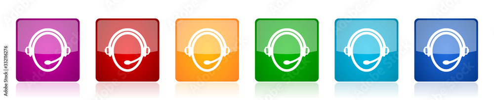 Aufkleber customer service icon set, colorful square glossy vector illustrations in 6 options for web design a