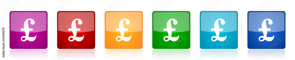 Aufkleber pound icon set, colorful square glossy vector illustrations in 6 options for web design and mobile a