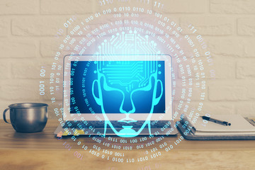 Multi exposure of work table with computer and brain hologram. Brainstorm concept.