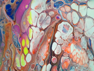 Fluid Art. Abstract colorful background, wallpaper. Liquid acrylic, color mixing, cells. Modern Art. Marble stone texture. For cards, covers, posters, textiles.