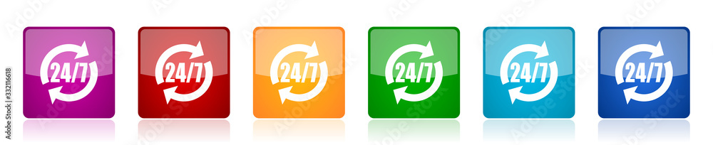 Aufkleber service icon set, colorful square glossy vector illustrations in 6 options for web design and mobile