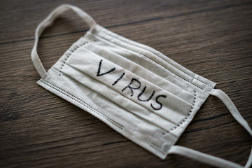 Surgical mask with virus text written.