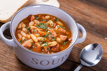 Baked beans in tomato sauce with chopped sausage