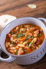 Baked beans in tomato sauce with chopped sausage