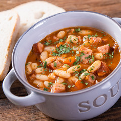 Baked beans in tomato sauce with chopped sausage