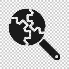 Loupe with gear icon in flat style. Magnifying glass vector illustration on white isolated background. Seo exploration business concept.