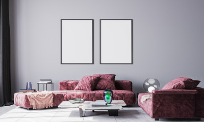 Stylish red couch in modern poster frame mock up. Grey background. White marble table . 3D template. 