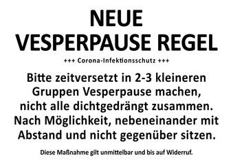 ds62 DiskretionSchild - Hygienemassnahme, Infektionsschutz, Gebot - german note paper: Vesperpause - selbst belegte brote essen - zeitversetzt frühstücken, nebeneinander sitzen - DIN A1 A2 A3 A4 g9343