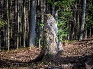 Sculpture carved from wood in the middle of the forest