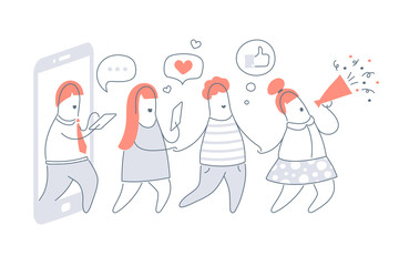 Influencer marketing, refer a friend loyalty program, promotion method, affiliate partnership and earn money concept. Flat line vector illustration on white background.