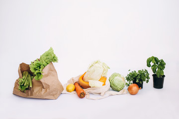 Zero waste concept. Package-free food shopping. Eco friendly natural bag with organic fruits and vegetables. Sustainable lifestyle concept. Plastic free items. Reuse, reduce, refuse. Isolated on white