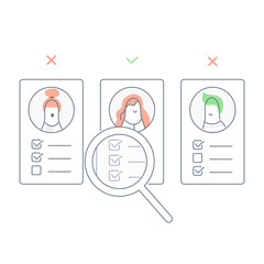 Recruitment, finding the right employee  through magnifying glass to hire candidates. Recruitment, cv or user portfolio analysis, hiring or recruitment. Flat line light vector illustration on white