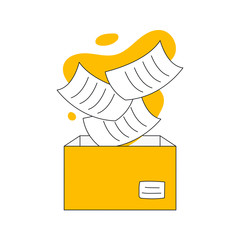 Falling sheets of paper in a box concept. Document storage, save, backup, import or copy files to the cardboard box vector illustration on white.