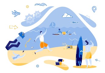 Bright Banner, Fun Arrival Vacationers On Beach. An Office Employee Runs to Sea, Taking off his Belongings and Throwing his Briefcase on Sand. Strong Desire to Dive into Water. Vector Illustration.