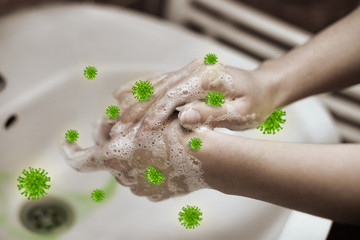 Washing hands with soap protect of virus,  bacteria, germs and microbe