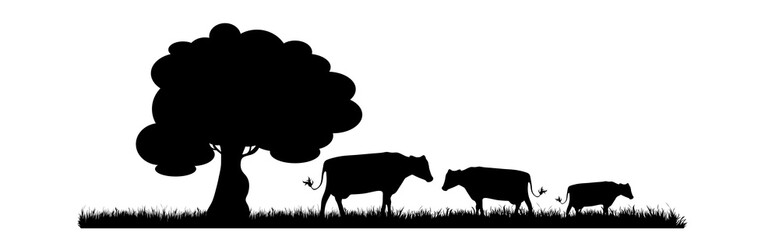 Vector silhouette of farm animals on garden on white background. Symbol of nature and agricultural.