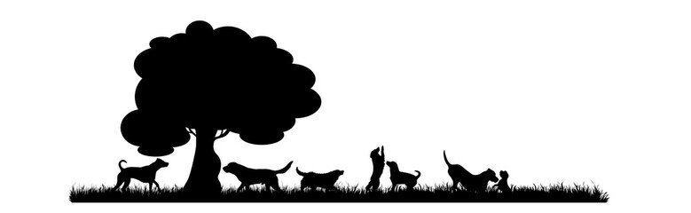 Vector silhouette group of dogs playing in park on white background. Symbol of nature and pet.