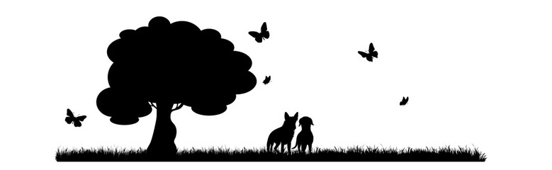 Vector silhouette couple of dogs playing in park on white background. Symbol of nature and pet.