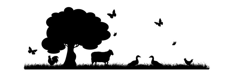 Vector silhouette of farm animals on garden on white background. Symbol of nature and agricultural.