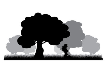 Vector silhouette of woman do yoga in park on white background. Symbol of nature and sport.