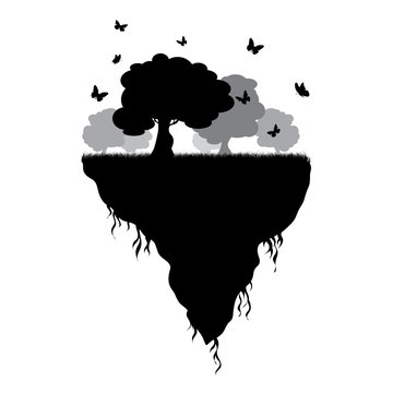 Vector silhouette of piece of land with trees and flying butterflies on white background. Symbol of nature and planet.
