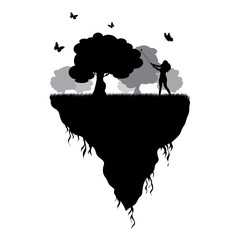 Vector silhouette of piece of land with woman playing golf and flying butterflies on white background. Symbol of nature and planet.