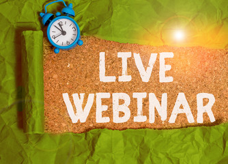Word writing text Live Webinar. Business photo showcasing seminar that is transmitted over the Web...