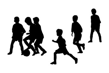 Kids playing football. Group silhouettes on white background