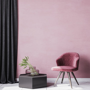  Red Wall Interior Mockup For Stylish Reading Corner Area. Black Wooden Chair And Curtain, Styled Stock Photography. Home Decor . Template 