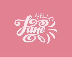 Hand drawn typography lettering phrase Hello, June. isolated on the powder background.