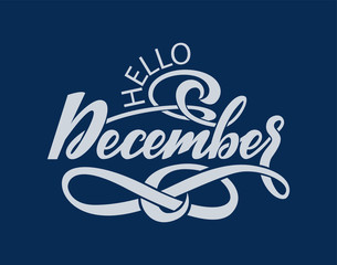 Hand drawn typography lettering phrase Hello, December. isolated on the navy blue background.