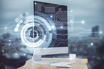 Technology theme drawing and table with computer. Multi exposure. Concept of information.