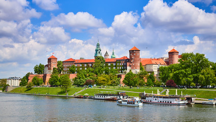 Wawel castle - famous landmark in Krakow Poland. Picturesque landscape on coast Vistula river...