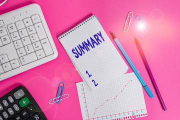 Text sign showing Summary. Business photo showcasing brief statement or account of main points of...