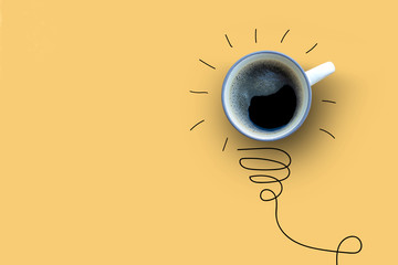 Ideas with coffee cup on yellow background .Creative business concept.