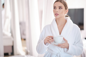stay home, woman at home is holding a coffee cup, Quarantine epidemic