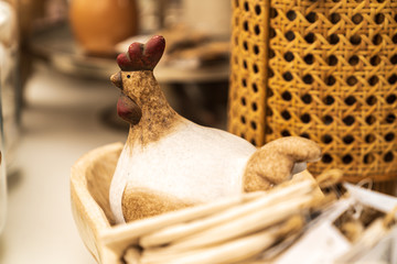 Porcelain and ceramic Easter decorations in a garden center.