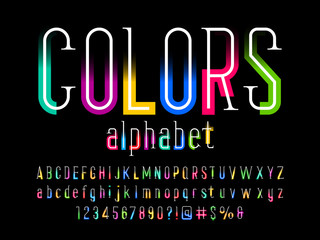 Colorful stylized alphabet design with uppercase, lowercase, numbers and symbols