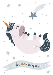 be unique poster with unicorn on a white background - vector illustration, eps