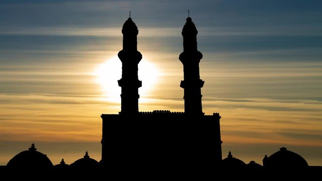 Jama Mosque: Time Lapse at Sunset with  Jami Masjid in Silhouette, Champaner Pavagadh Archaeological Park, Gujarat, India