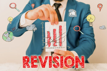 Text sign showing Revision. Business photo showcasing action of revising over someone like auditing...