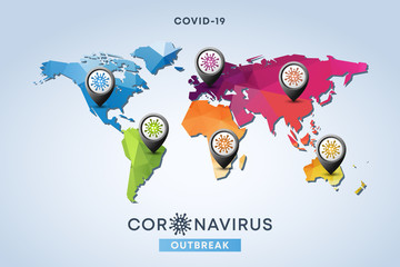World map with coronavirus signs on continents on white background