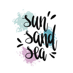 Vector hand-drawn summer lettering Sun sand sea on a color background. Summer hand drawn brush letterings. Summer typography. Design element for seasonal posters, t-shirts, cards
