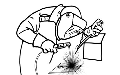 Black and white schematic drawing of a welder at work
