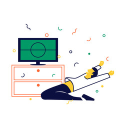 Hincha viendo fútbol en televisión y celebrando la victoria en casa. Hombre de rodillas animando a su equipo. Concepto de deporte y animación. © aseq