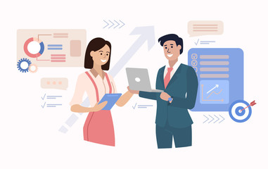 Business consultation concept with a young woman and businessman using a tablet and laptop to communicate over the internet with graphs and charts, vector illustration
