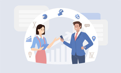Business consultation concept with a young woman and businessman using a tablet and smartphone to communicate over the internet with graphs and business icons, vector illustration