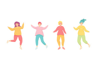 Set of happy dancing women. Young abstract girls in bright clothes in different poses. Vector illustration isolated on white background. Character design. Template of people for party art.